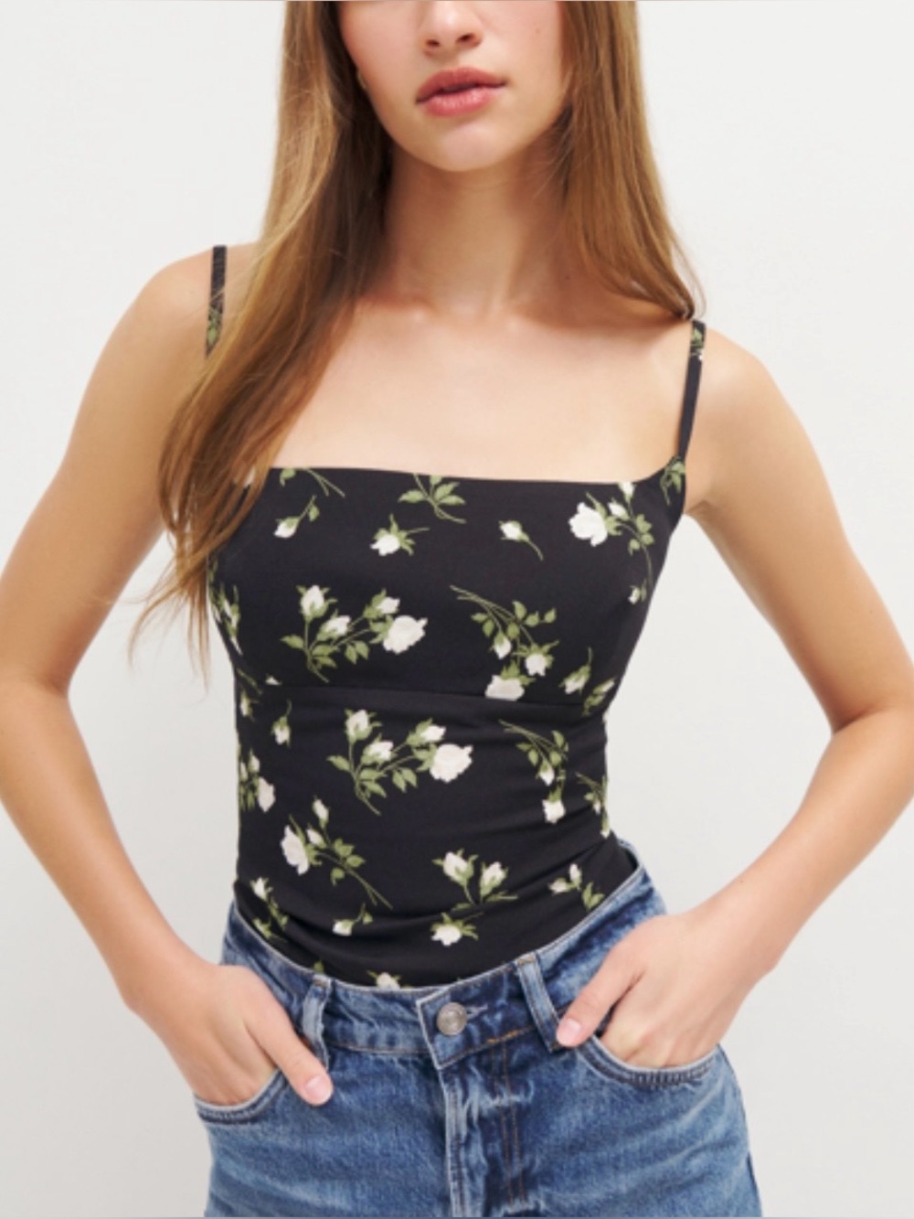 REFORMATION Floral Square-Neck Cami Tank Top - Black